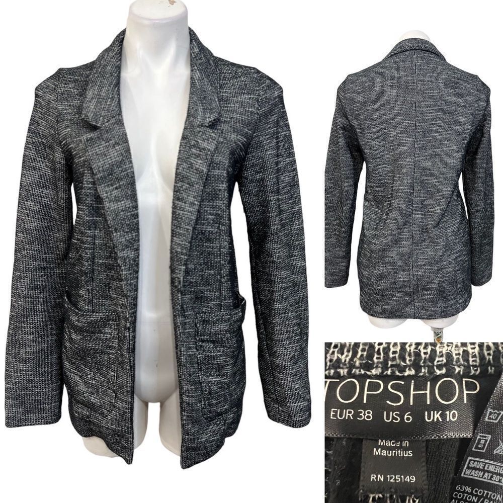 Topshop open front cardigan sweater jacket US 6 black/gray marked knit casual -8